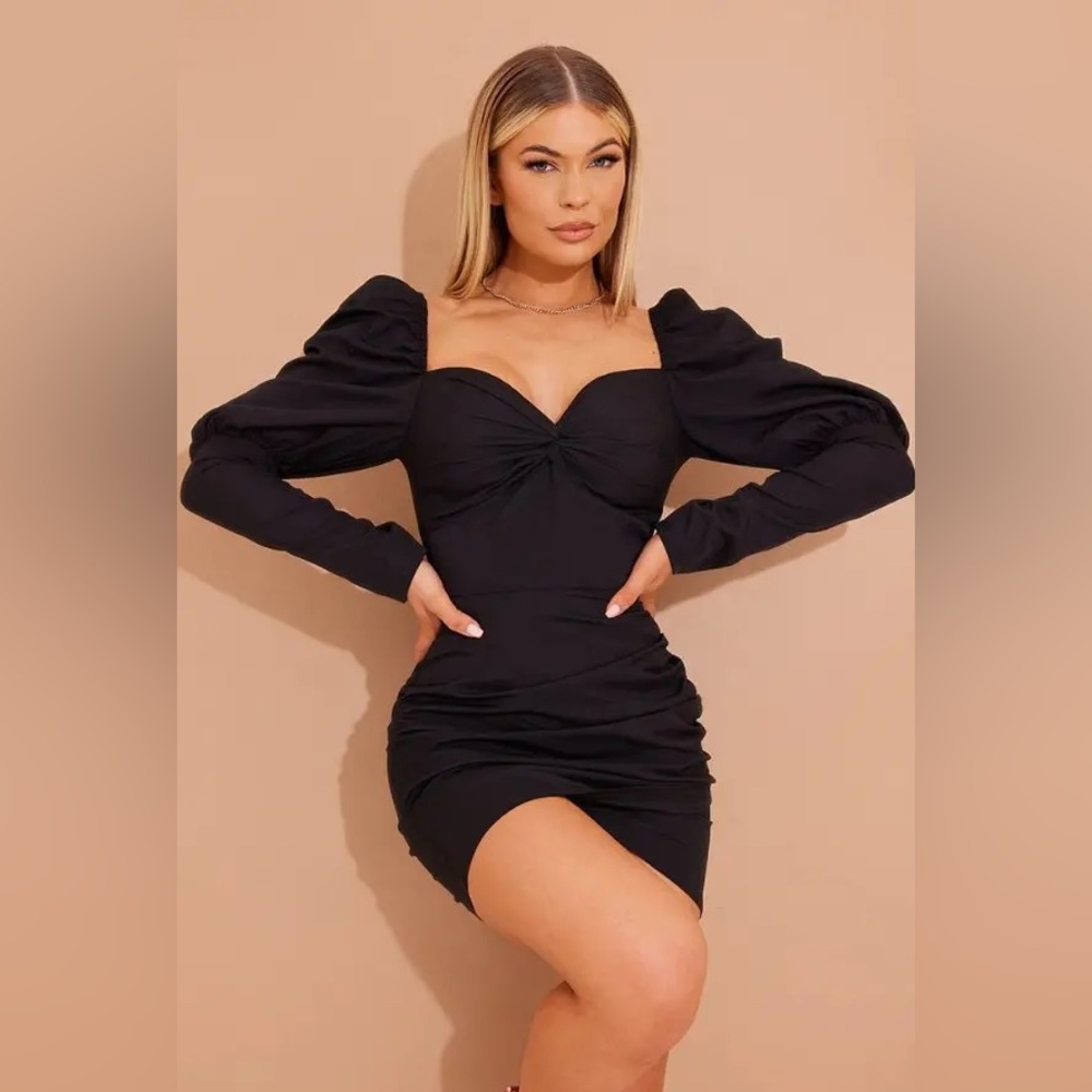 PRETTY LITTLE THING BLACK PUFF SLEEVE TWIST DTAIL WOMEN BODYCON DRESS US 10 NEW